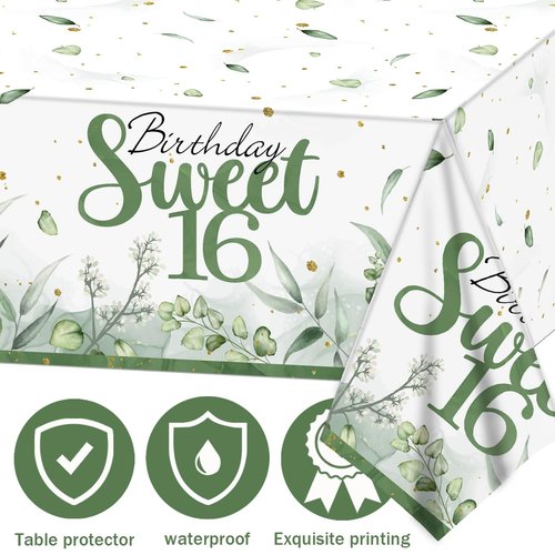 PATIAI Sweet 16 Party Decorations 3Pack Sweet 16 Birthday Tablecloths Sage Green 16th Birthday Disposable Plastic Rectangle Table Cover for Her Birthday Party Supplies 71 x 43 Inches