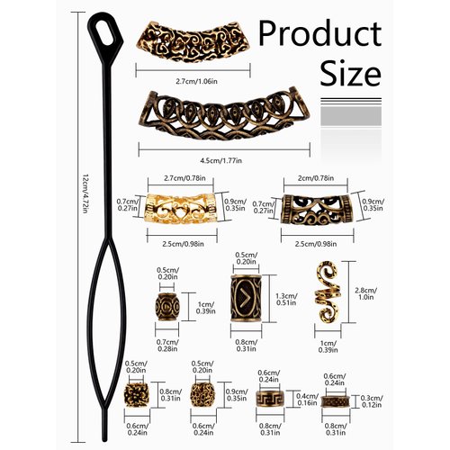 EBANKU 110 PCS Viking Beard Bead, Metal Dreadlocks Beads for Hair Braids Antique Norse Hair Beads with Pull Hair Pin for Hair Braid Bracelet Pendant Necklace DIY Jewelry Hair Decoration (Ancient gold)