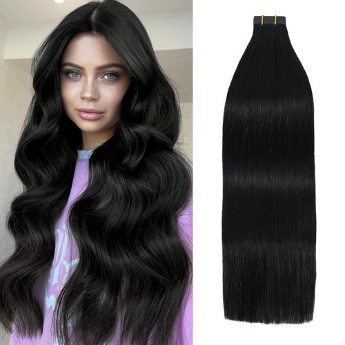 Tape in Hair Extensions Human Hair 100% Remy Real Hair, 16 Inch Jet Black 30g 20pcs Hair Extensions Real Human Hair, Natural Seamless Long Silk Straight