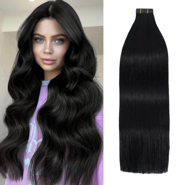 Tape in Hair Extensions Human Hair 100% Remy Real Hair, 16 Inch Jet Black 30g 20pcs Hair Extensions Real Human Hair, Natural Seamless Long Silk Straight