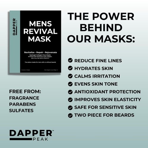 Mens Revival Mask| 2pc Hydrating Hydrogel Mens Face Mask with Hydrolyzed Marine Collagen, Vitamin E, Hyaluronic Acid, Aloe| Oversized, Beard Friendly& Skin Firming Face Mask for Men/Collagen Face Mask