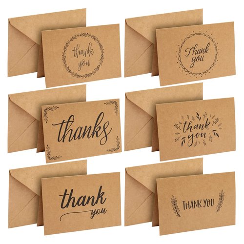 Best Paper Greetings 36 Pack Rustic Kraft Paper Material Thank You Cards with Envelopes for Wedding, Baby Shower, Birthday Party, 4 x 6 in