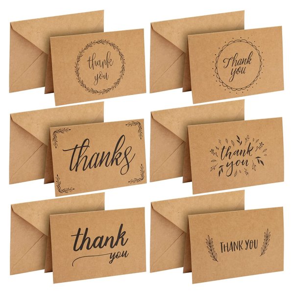 Best Paper Greetings 36 Pack Rustic Kraft Paper Material Thank You Cards with Envelopes for Wedding, Baby Shower, Birthday Party, 4 x 6 in