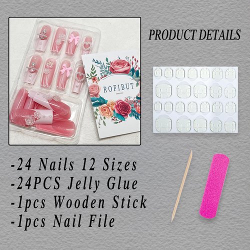 24pcs Long Square Press on Nails French Tip Fake Nails 3D Bow Heart Pearls Planet Charms Rhinestones Designs Acrylic Nails Glossy Pink Full Cover Glue on Nails for Women Girls Manicure Decoration