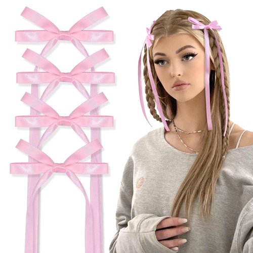 CN Hair Bow for Girls, Pink 1 Silk Satin Ribbon Bow with Long Tassel Tail Alligator Clips Hair Ac...