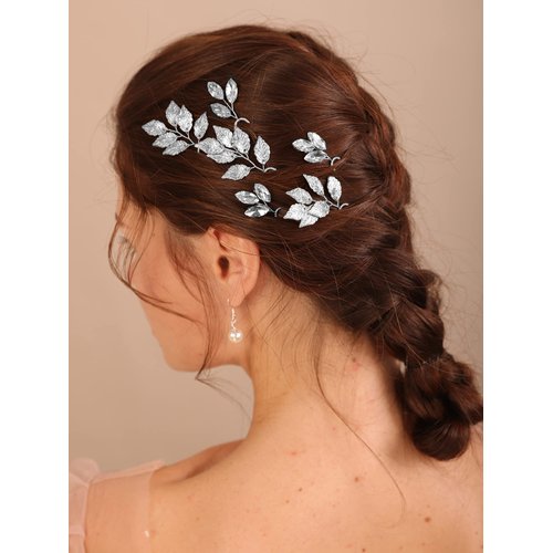 Kercisbeauty Silver Leaf Hair Pins Set (6PCS): Handmade Crystal Hair Pieces for Bohemian Weddings and Occasions
