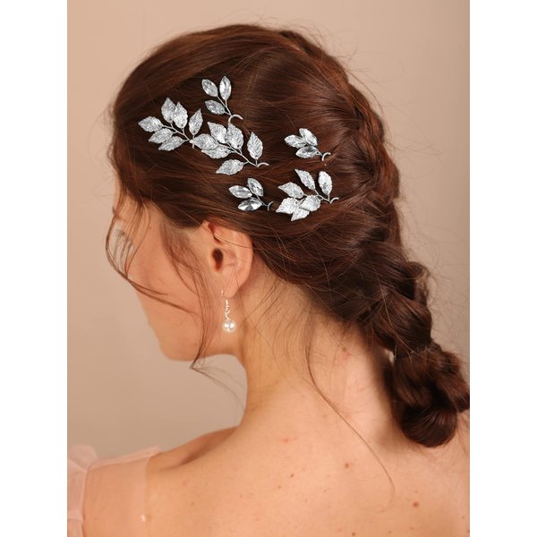 Kercisbeauty Silver Leaf Hair Pins Set (6PCS): Handmade Crystal Hair Pieces for Bohemian Weddings and Occasions