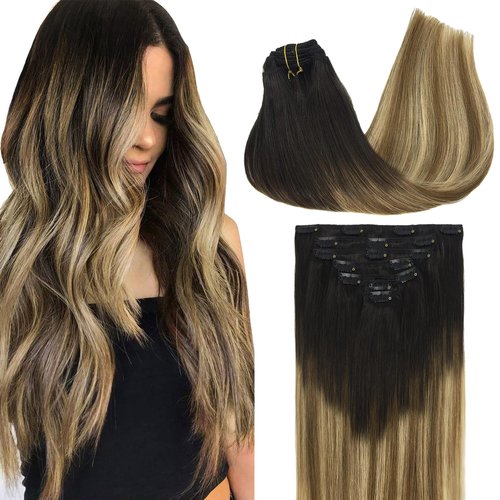 GOO GOO Clip in Hair Extensions Real Human Hair, Remy Human Hair Extensions Clip ins for Women, Natural Human Hair, 16inch 120g 7Pcs, 2/6/18 Balayage Brown to Dirty Blonde