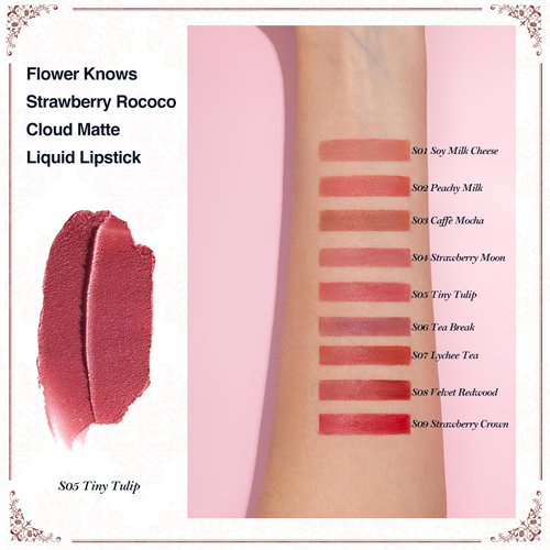 Flower Knows Strawberry Rococo Cloud Lip Cream Matte Liquid Lipstick-Long Lasting&Highly Pigmented Lip Stain -Velvety Waterproof Lip Makeup for Girls&Women-0.12 Fl Oz,1 Count(S05 Tiny Tulip)