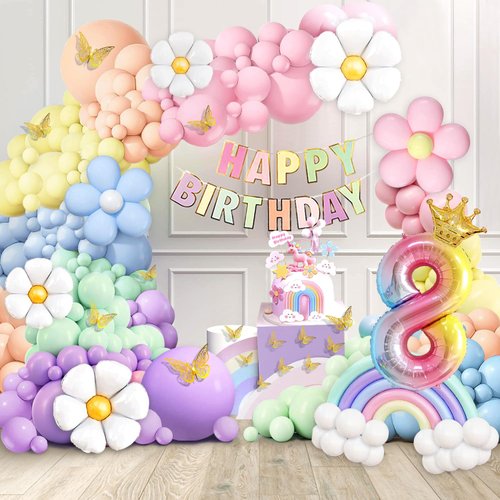 Pastel Balloons 8th Birthday Decorations for Girls, 219 Pastel Balloon Garland Kit with Flowers, Happy Birthday Banner, Cake Topper, 3D Butterflies, Number 8 Balloon for Pastel Birthday Decorations
