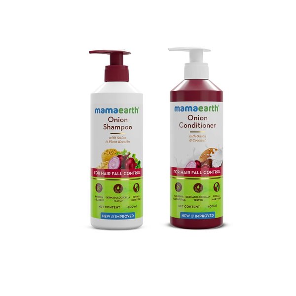 Mamaearth Onion Hair Fall Control Shampoo & Conditioner Combo | Deeply Nourishes & Strengthens Hair | Gentle Anti Hair Loss Scalp Cleanser | 27.05 Fl Oz / 2 Piece Set of 400ml