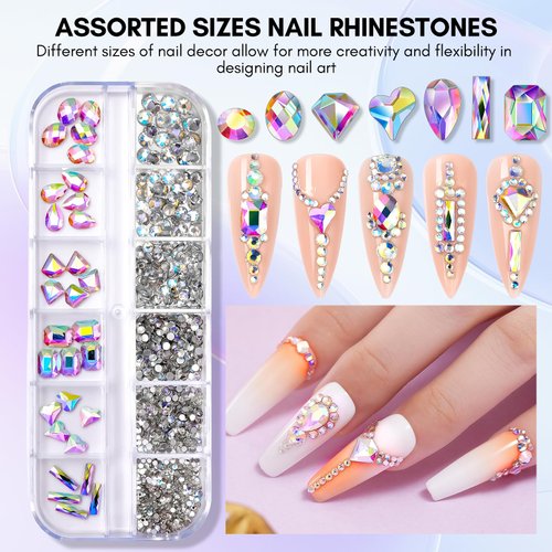 Makartt Nail Rhinestone Glue Kit, 15ml Gel Nail Glue with AB Rhinestone Crystals 3D Nail Art Valentine's Day Decor Flowers Pearls Dual-End Nail Art Brush Tweezer Acrylic Nail Supply for Nail Techs DIY