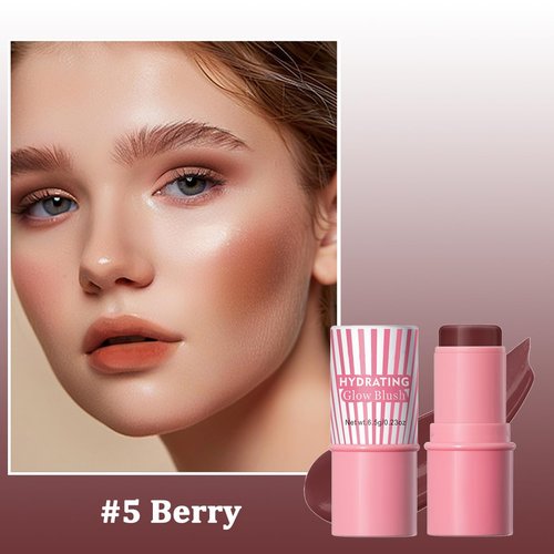 Cream Blush Stick, Natural Glow Finish Looking, Hydrating Lightweight Shiny Blush Cream, Long Wearing Blendable Blush for Cheeks & Lips (#5 Berry, 1 PC)