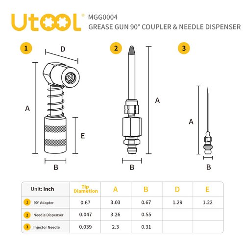 UTOOL Grease Gun Accessory Kit, 90 Degree Coupler, Needle Nozzle, Grease Injection Needle with Cap, for Hard to Reach Grease Zerk Fittings