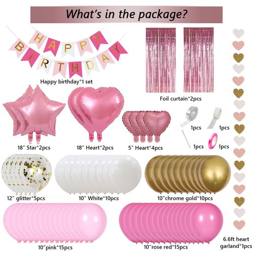 MSMANCY Pink Birthday Decorations for Women with HAPPY BIRTHDAY Banner Curtains Heart Star Balloons for 16th 18th 21st 30th 40th 50th 60th Birthday Party Supplies (Pink)