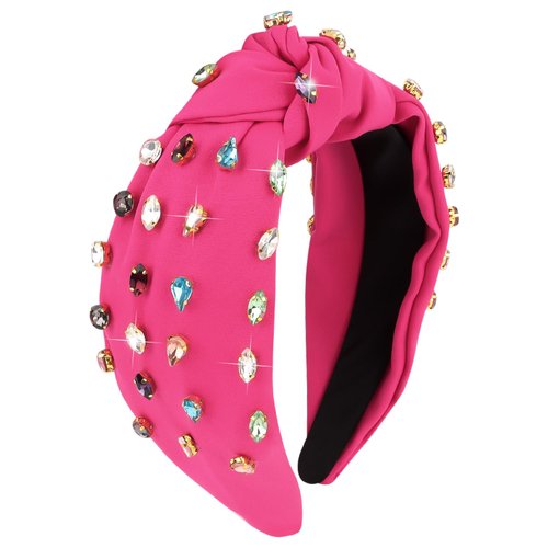 Wecoe 1pc Knotted Headband For Women Girls Hot Pink Rhinestone Headband Wide Headbands Non Slip Fashion Cloth Sparkly Jeweled Beaded Headband Valentine's Day Hair Accessories For Women Girls