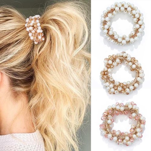 CAKURE Pearl Hair Tie Decorative Ponytail Holders Beaded Cute Hair Ties Weave Hair Scrunchies Hair Accessories for Women and Girls (Pack of 3)