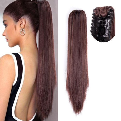 Yufeihe Hair 22Inch Claw Clip Ponytail Extension,130g/pack Synthetic Long Straight Fake Hair Pieces For White Black Women High Temperature Fiber Hair Extensions(Red Brown-33#)