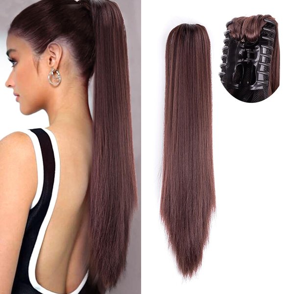 Yufeihe Hair 22Inch Claw Clip Ponytail Extension,130g/pack Synthetic Long Straight Fake Hair Pieces For White Black Women High Temperature Fiber Hair Extensions(Red Brown-33#)
