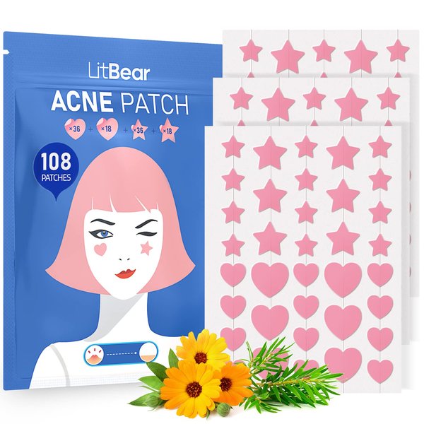 LitBear Acne Patch Pimple Patch, Pink Heart & Star Shaped Absorbing Cover Hydrocolloid Patches For Face Zit, Acne Dots, Tea Tree Oil + Centella (108 Count (Pack of 1))