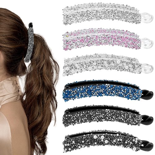 12 Pcs Rhinestones Pearl Banana Clips for Thick Hair, Strong Hold Ponytail Holders Matte French Barrettes Jaw Clips Accessories for Women