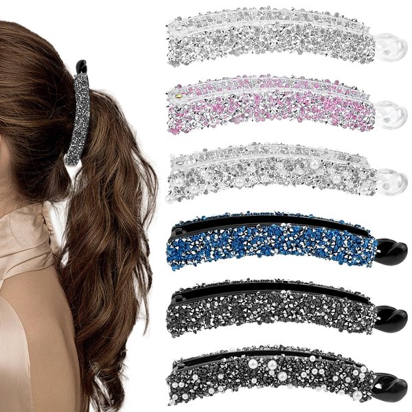 12 Pcs Rhinestones Pearl Banana Clips for Thick Hair, Strong Hold Ponytail Holders Matte French Barrettes Jaw Clips Accessories for Women