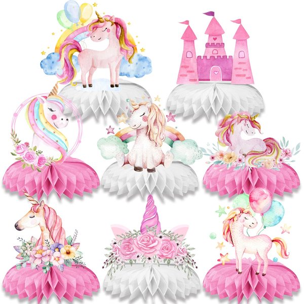Unicorn Birthday Decorations - 8 Pieces Cute Rainbow Unicorn Honeycomb Centerpieces for Kids Girls Boys Happy Birthday Party Supplies