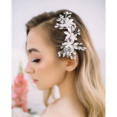 SWEETV Handmade Wedding Hair Comb,Pearl Flower Bridal Hair Clip Hair Accessories for Women Wedding