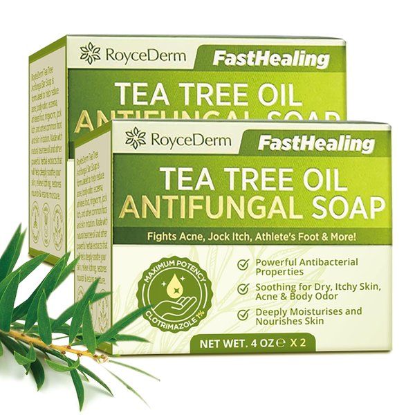 Roycederm Antifungal Antibacterial Tea Tree Soap: for Face & Body Acne, Athlete's Foot, Tinea, Folliculitis Ringworm Jock Itch - Pack of 2