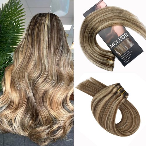 Clip in Hair Extensions 100% Human Hair Blonde Clip in Hair Extensions 20inch 70g 7pcs Medium Light Brown to Blonde Highlight Human Hair Straight Extensions Clip ins for Fashion Women