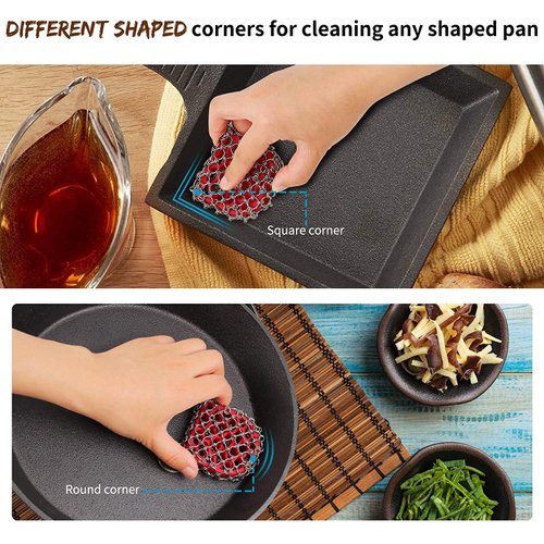 2pack Cast Iron Scrubber Chain Mail Scrubber 316 Chainmail Scrubber for Cast Iron Pan, Silicone Insert Cast Iron Cleaner, 2pcs Cast Iron Cleaning Tools, Metal Scrub Brush Scrubber to Clean Skillet