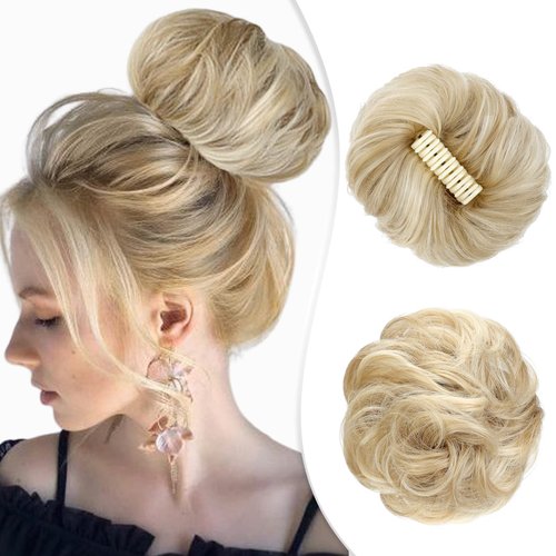 Wodelanle Messy Bun Hair Piece Claw Clip Messy Hair Bun Wavy Curly Chignon Hair Bun Extensions Tousled Updo Hair Buns Claw Clip Ponytail Hairpieces Scrunchies for Women(Ash blonde mix Bleach Blonde)