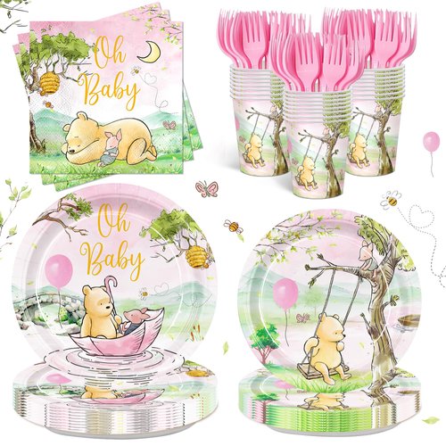 AURORAPARTY 120pcs Winnie Bear Baby Shower Decorations Pooh Pink Girl Bear Party Plates Napkins Oh Baby Disposable Cups Tableware for Newborn Kids Birthday Decorations for 24 Guests