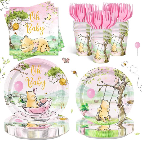 AURORAPARTY 120pcs Winnie Bear Baby Shower Decorations Pooh Pink Girl Bear Party Plates Napkins Oh Baby Disposable Cups Tableware for Newborn Kids Birthday Decorations for 24 Guests