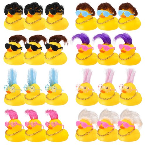 Guiqulai 24 Set Mini Rubber Ducks with Wig Necklace and Sunglasses, Rubber Squeaky Ducks Bath Toys Small Rubber Duckies Bulk Cute and Funny Bathtub Toys for Birthday Shower Party Favor