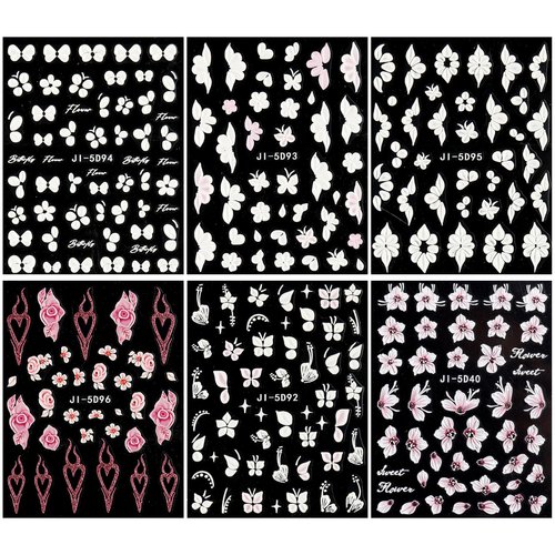 JMEOWIO 6 Sheets 3D Embossed Flower Butterfly Nail Art Stickers Decals Self-Adhesive Pegatinas Uñas 5D White Spring Floral Nail Supplies Nail Art Design Decoration Accessories