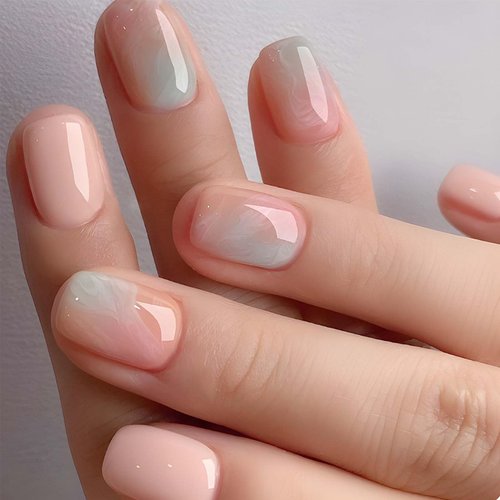 Short Press on Nails Square Fake Nails with Gradient Design Nude False Nails Acrylic Artificial Nails Glossy Glue on Nails Stick on Nails for Women and Girls Nail Decoration 24Pcs