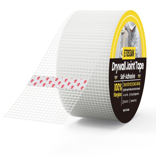 Etossan Drywall Joint Tape,2 in x 50YD Fiberglass Self-Adhesive Drywall Mesh Tape for Drywall Finishing and Crack Repair,White