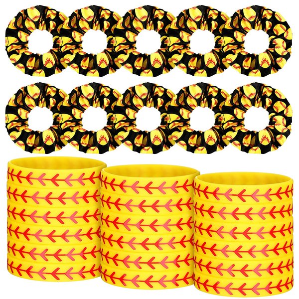 WILLBOND 20 Pcs Softball Volleyball Party Favors Set Include 10 Sport Hair Scrunchies Elastic Hairband Hair Tie Sport Themed 10 Silicone Adjustable Charm Bracelet(Softball Pattern)