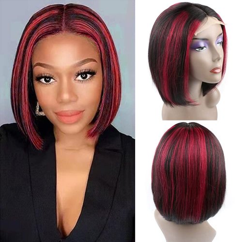 Glueless Bob Human Hair Wigs Brazilian Straight Lace Front 4×1 T Part Lace Closure Short Bob Wigs For Black Women Ombre Colored Real Human Hair Pre Plucked with Baby Hair (12inch, Ombre 1b/red)