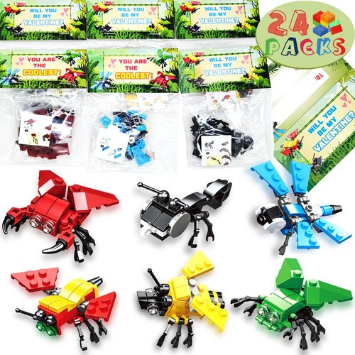 WODMAZ Valentines Day Gifts for Kids School, 24 Packs Insect Building Blocks with Valentines Cards for Valentines Gifts Exchange, Valentine Party Favor Toys Boys Girls