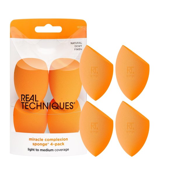 Real Techniques Miracle Complexion Sponge Set 4 Pack, Makeup Blender Sponge For Liquid & Cream Makeup, Buildable Coverage, Foundation Sponge For Natural Base, Gift Set, Latex-Free Foam