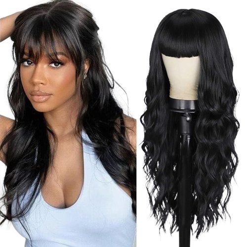 EMMOR Black Wigs for Women Long Curly Wigs With Bangs Water Wavy Synthetic Wig, Party Cosplay Daily Use