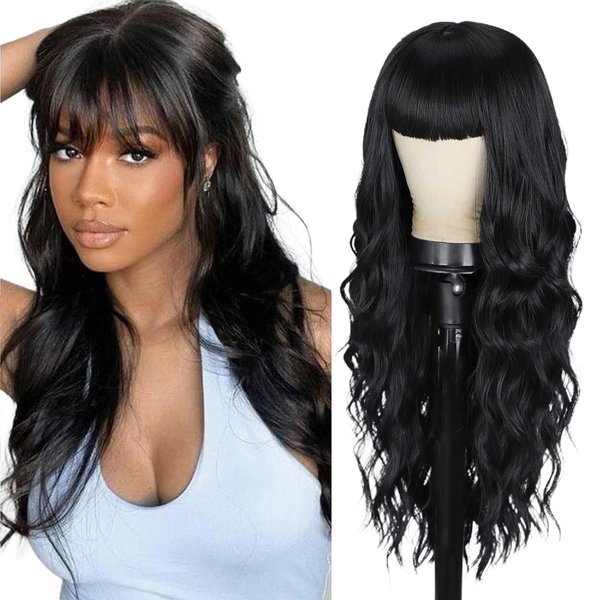 EMMOR Black Wigs for Women Long Curly Wigs With Bangs Water Wavy Synthetic Wig, Party Cosplay Daily Use