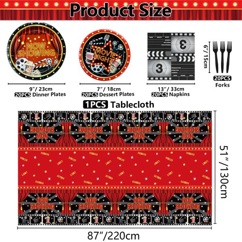 Movie Night Party Supplies for 20 Guests, Disposable Tableware Set Include Now Showing Plates, Movie Night Plates, Napkins, Tablecloth for Movie Night Party Decorations Red Carpet Birthday Party Decor