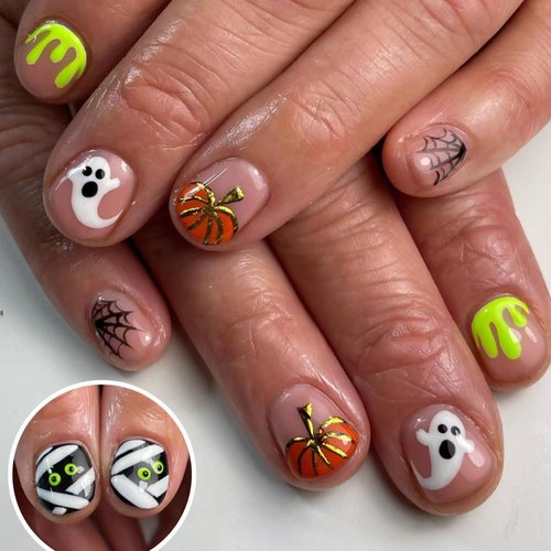 Halloween Press on Nails Short Oval Fake Nails with Cute Ghost Pumpkin Spider Web Design False Nails Nude Acrylic Artificial on Nails Holiday Spooky Stick on Nails Fall Nails for DIY Nail Accessories