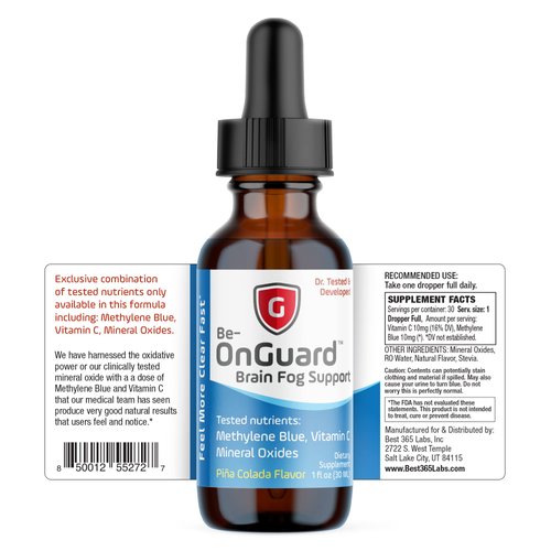 Be-Onguard Brain Fog Supplement - Methylene Blue with Vitamin C - Memory Booster - Improves Cognitive Function and Focus - Clear Thoughts and Reduced Fog - Liquid Supplement