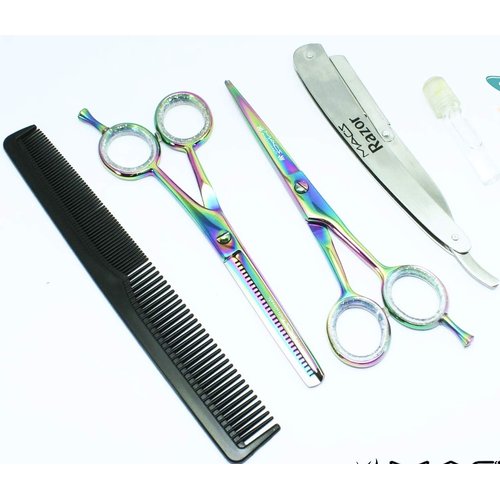 Professional Titanium Barber Scissor Razors Edge Hair Cutting 5 PCs Set 6.25" Barber Shears With 6.25" Texturizing/Thinning Shears Set Made Of High Grade Stainless Steel W/Black Leather Case-15030