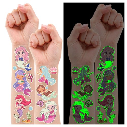 Partywind 14 Sheets Luminous Mermaid Temporary Tattoos for Kids, 130 Styles Glows Mermaid Tattoos for Girls Birthday Party Decorations Supplies Favors, Mermaid Goodie Bag Stuffers for Children