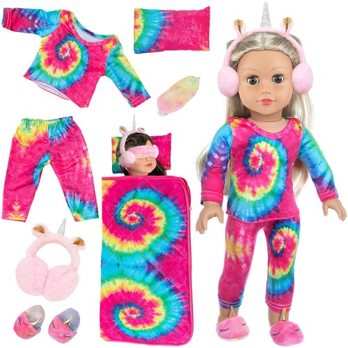 K.T. Fancy 18 Inch Girl Doll Clothes and Accessories Sleeping Bag Set Rainbow Angel of Doll Sleeping Bag, Pajamas, Shoes, Eye Mask, and Doll Pillow Outfits